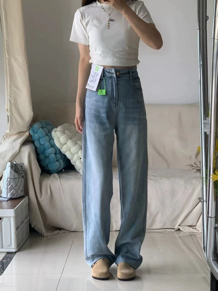 Quần jean ống đứng màu xanh nhạt dành cho nữ, size lớn mùa hè, cạp cao, dáng rộng, tôn dáng, chất liệu Tencel mềm mại, quần dài ống rộng