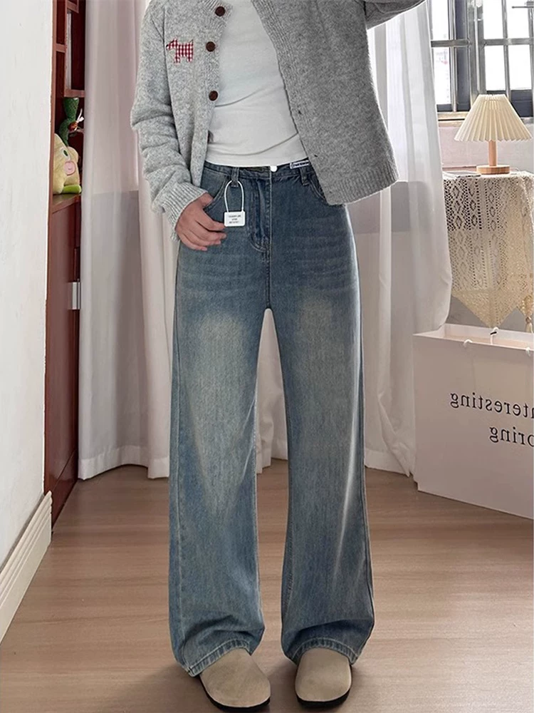 Quần jeans dáng chuông ống đứng cho nữ thu đông 2024, size lớn, cạp cao, rộng rãi, tôn dáng, ống rộng