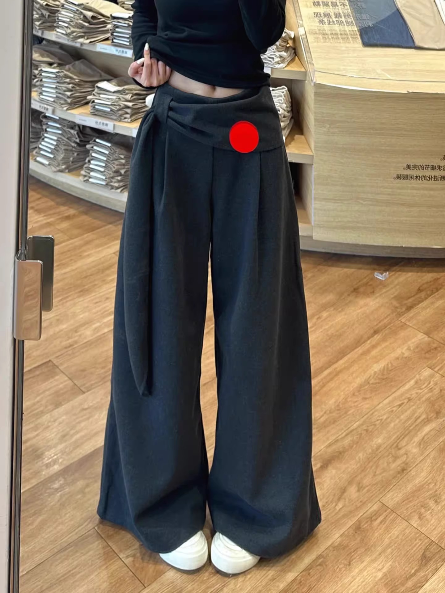 Quần len kiểu dáng lười màu xám dành cho nữ, mùa thu đông, cỡ lớn, lưng cao, dáng rộng, mềm mại, tôn dáng, mềm mại và ống rộng.