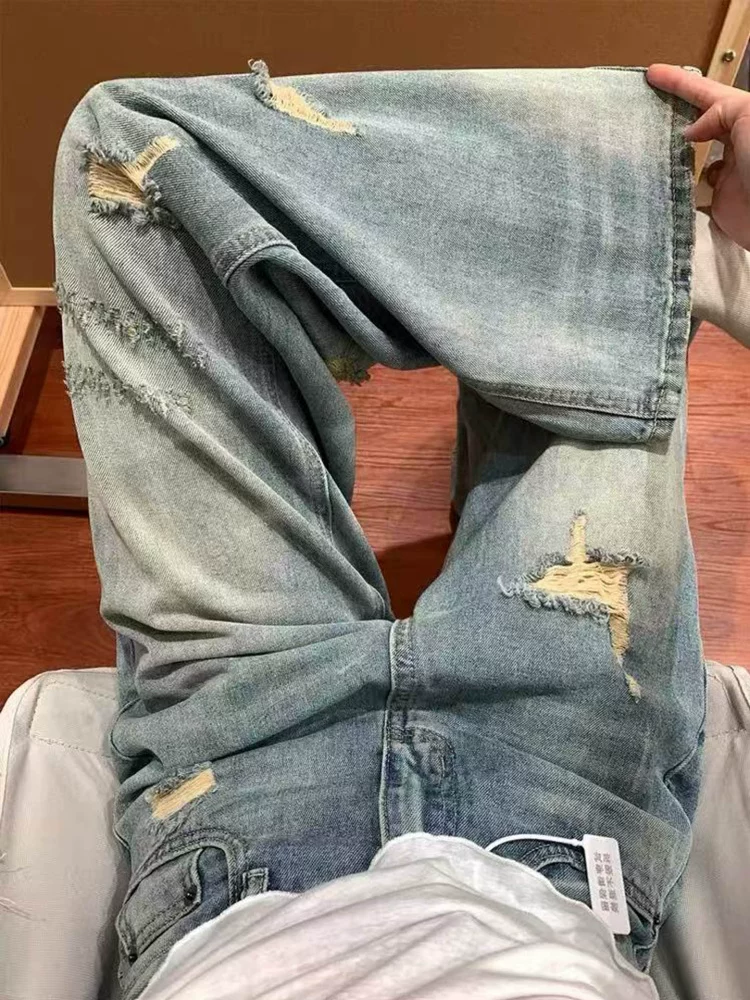 Quần jeans rách nữ, kiểu dáng mỏng mùa hè, size lớn, cạp cao, che bụng, tôn dáng, dành cho người có dáng quả lê, quần ống rộng thẳng