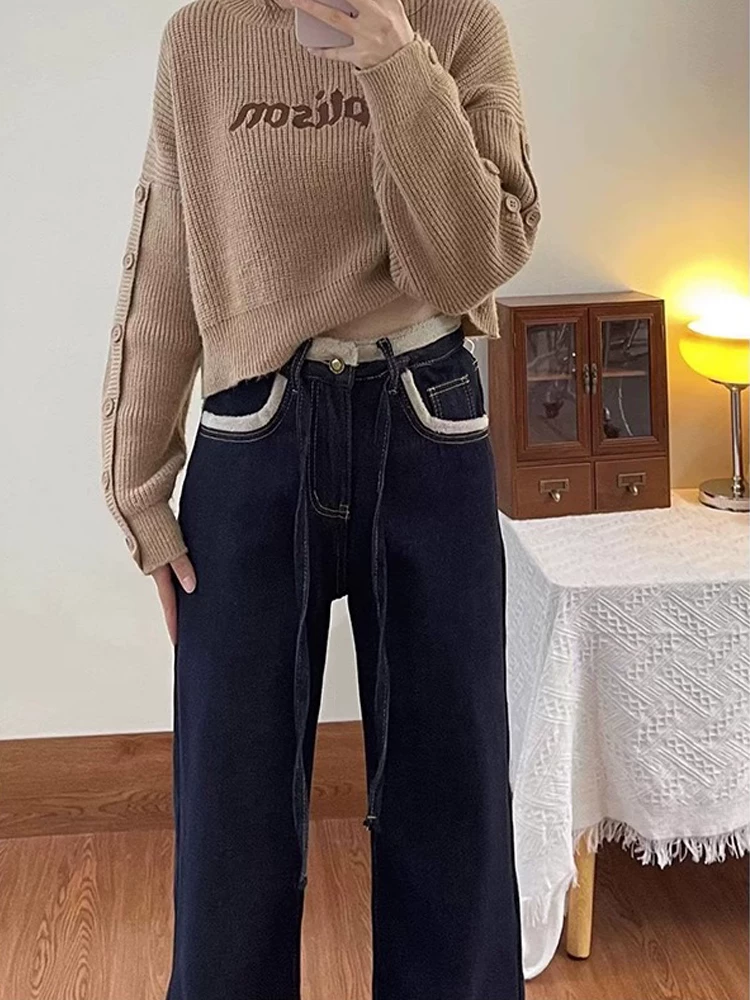 Quần jean ống đứng dày lót lông cừu dành cho nữ, cỡ lớn mùa đông, lưng cao, giảm béo, dáng rộng, dáng quả lê, quần ống rộng