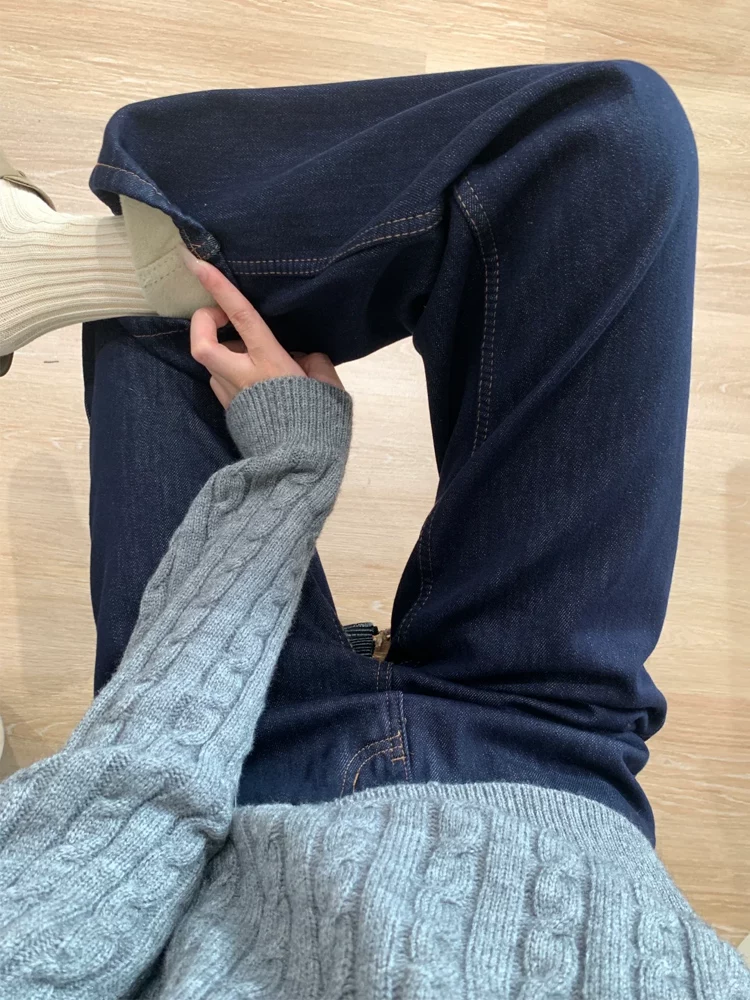 Quần jean ống đứng màu xanh đậm dành cho nữ, mùa thu đông, cỡ lớn, lót lông cừu, lưng cao, dáng rộng, dáng suông, ống rộng, quần dài chạm sàn.