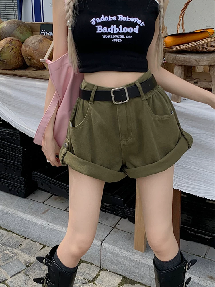 Quần short denim viền xanh quân đội dành cho nữ, cỡ lớn mùa hè, lưng cao, dáng rộng, che hông, quần ống rộng chữ A tôn dáng