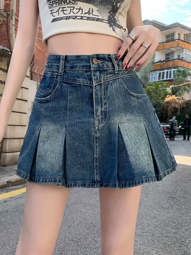 Váy denim xếp ly dành cho nữ, cỡ lớn mùa hè, phong cách retro Mỹ, chống lộ, dáng nhỏ nhắn, lưng cao, váy chữ A thon gọn.