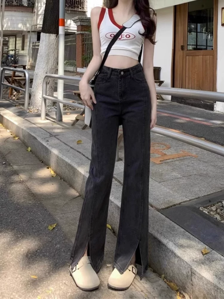 Quần jean ống đứng dáng lê dành cho nữ, cỡ lớn, phong cách mới đầu thu, lưng cao, dáng rộng, tôn dáng, quần ống rộng