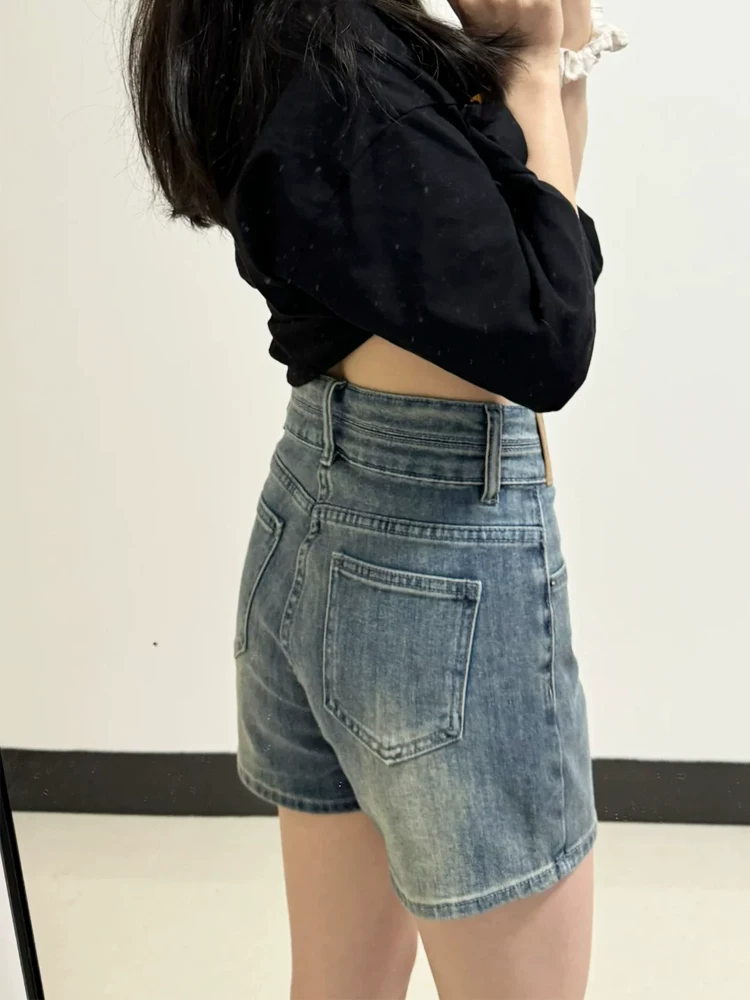 Quần short denim nữ cho mùa hè, cỡ lớn, lưng cao, co giãn, che hông, giảm béo, dáng quả lê, quần ống rộng chữ A