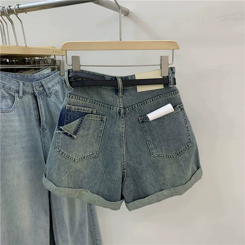Quần short denim chữ A màu xanh cổ điển hình quả lê dành cho nữ, cỡ lớn mùa hè, lưng cao, dáng rộng, che hông, quần ống rộng, hợp thời trang.