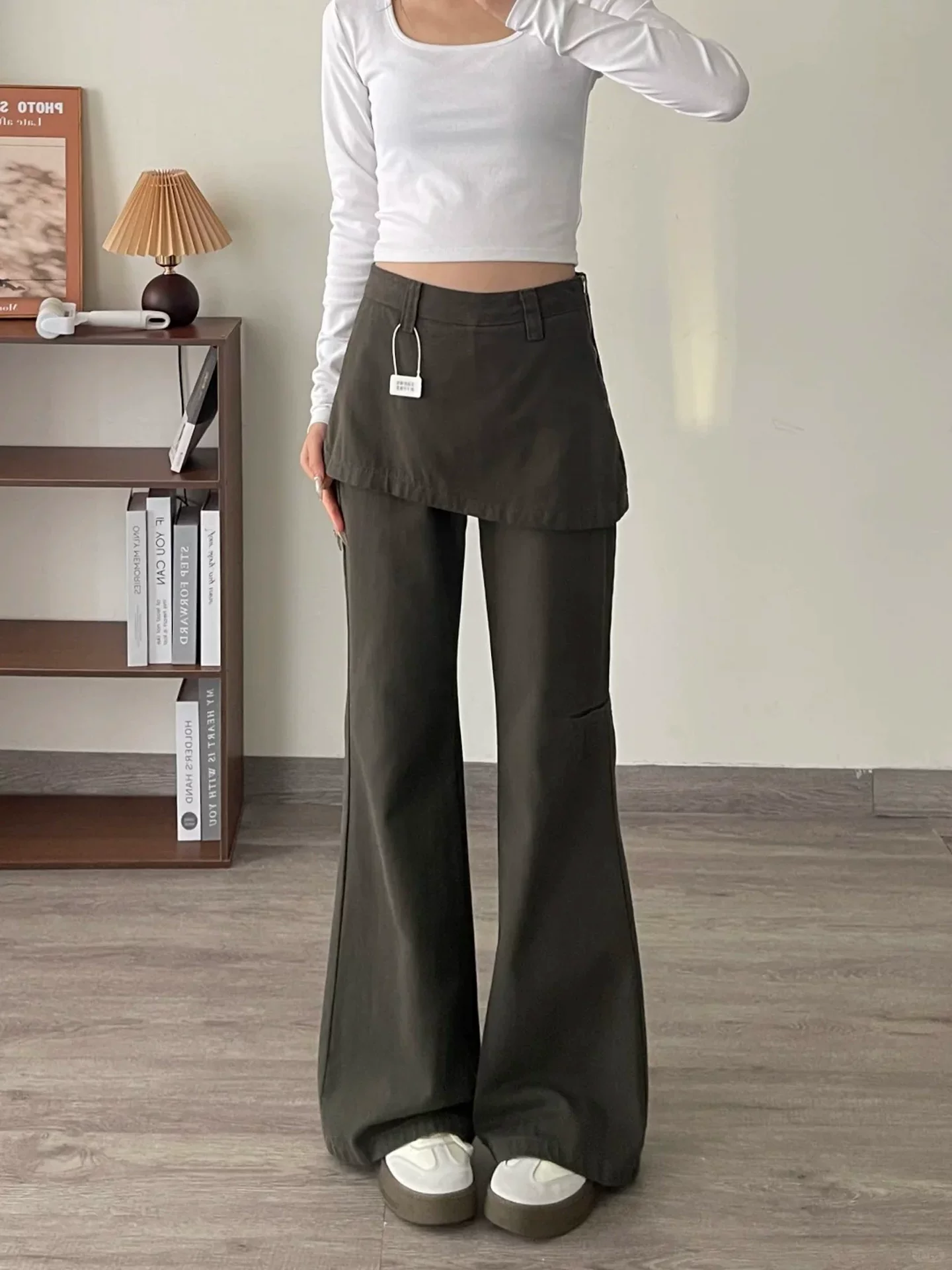 Quần jean giả hai mảnh kiểu Mỹ dành cho nữ, mùa thu, cỡ lớn, lưng cao, che hông, giảm béo, không bó sát, quần ống rộng kiểu công sở