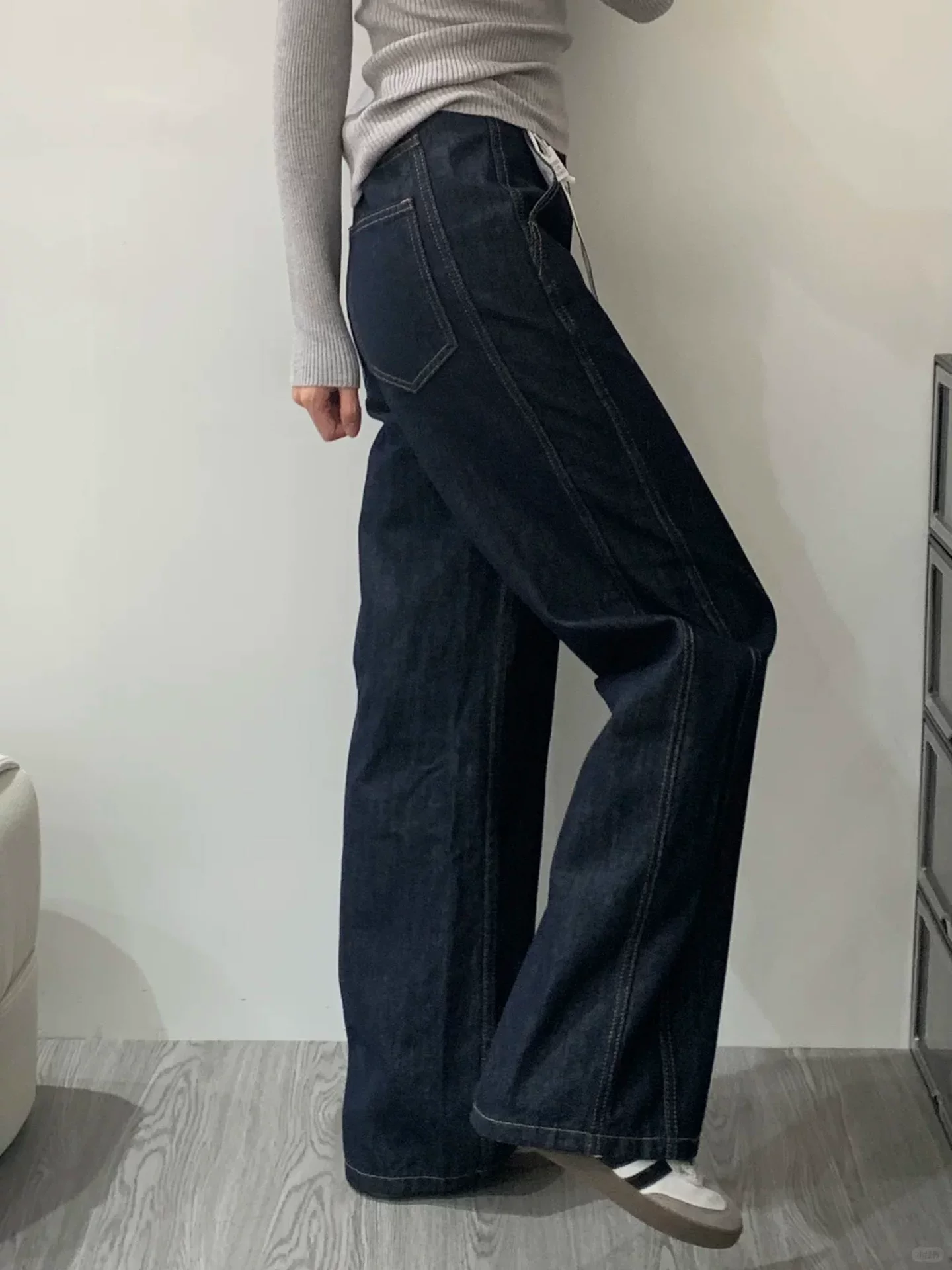 Quần jean ống đứng màu xanh đậm dành cho nữ, mùa thu, cỡ lớn, lưng cao, che hông, giảm béo, dáng quả lê, quần ống rộng