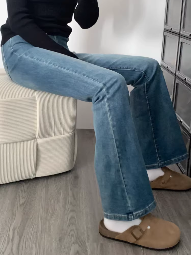 Quần jean xanh vintage dáng loe nữ, kiểu mới thu đông 2025, size lớn, cạp cao, co giãn, tôn dáng, quần chuông dáng móng ngựa.