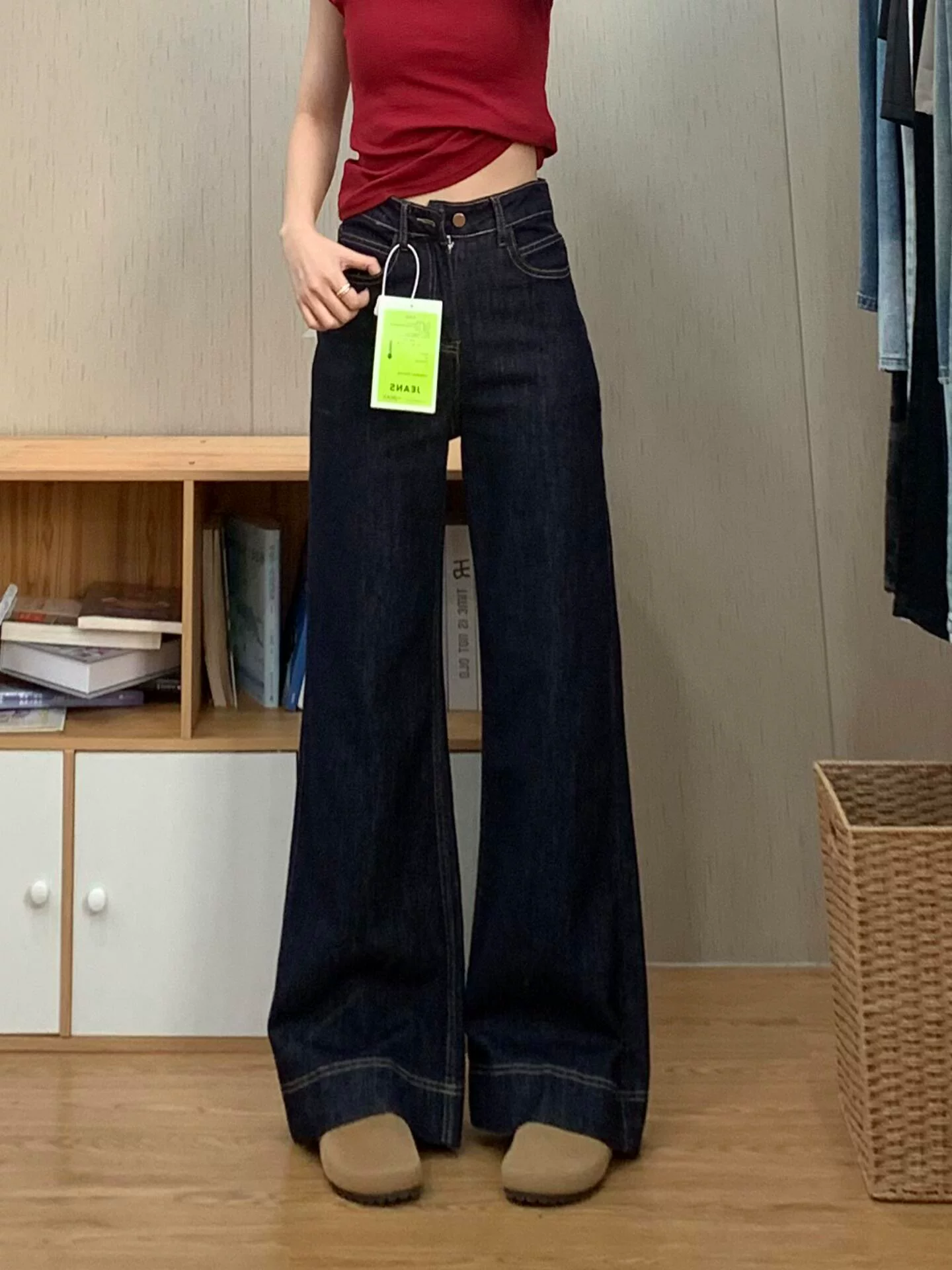 Quần jean xanh denim lưng cao dáng loe dành cho nữ, mùa thu, size lớn, co giãn, che hông, tôn dáng, dành cho người có thân hình quả lê, quần ống chuông