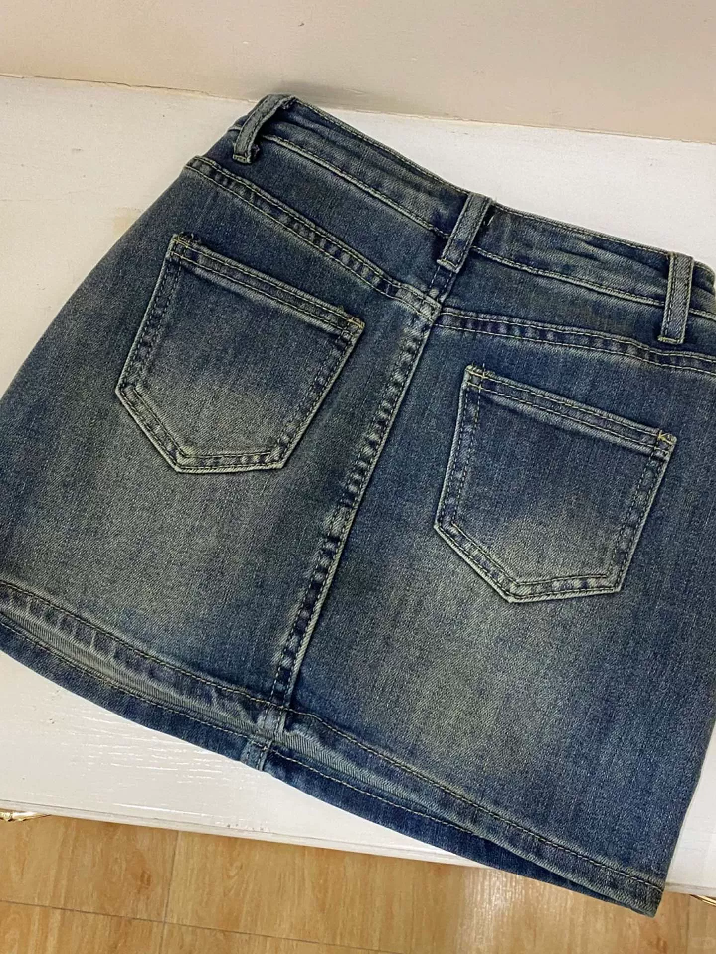 Váy ngắn denim cổ điển kiểu Mỹ dành cho nữ, cỡ lớn mùa hè, lưng cao, co giãn, váy chữ A thon gọn, chống lộ, váy ôm hông.