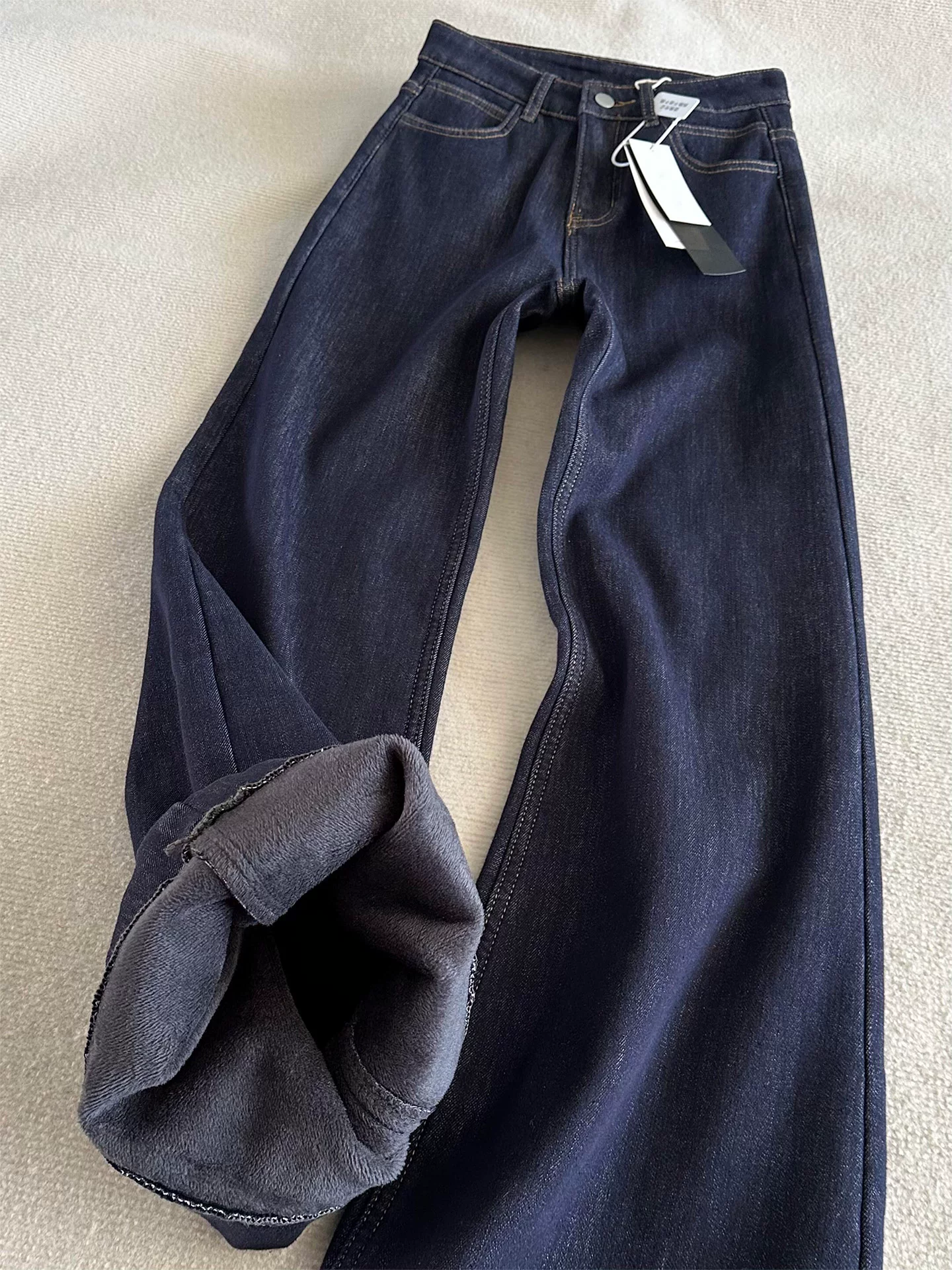 Quần jean xòe lưng cao màu xanh đậm dành cho nữ, mùa thu đông, cỡ lớn, co giãn, che hông, giảm béo, lót lông cừu, quần ống loe dày.