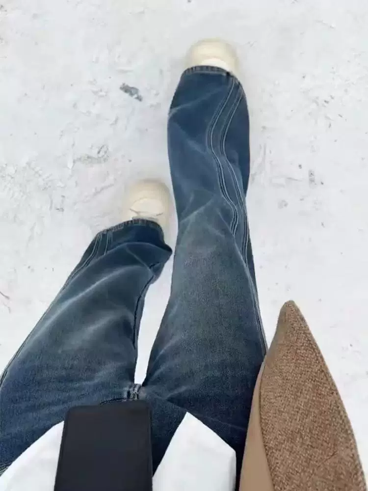 Quần jean ống rộng màu xanh cổ điển dành cho nữ, mùa thu đông, lót lông cừu, dày, cỡ lớn, lưng cao, dáng rộng, tôn dáng, ống thẳng, quần dài chạm sàn.