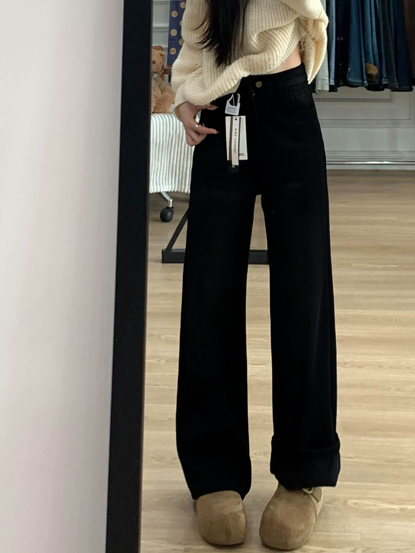 Quần jean đen ống đứng dành cho nữ, mùa đông, cỡ lớn, lót lông cừu, dày dặn, cạp cao, co giãn, che hông, dáng quả lê, quần ống rộng