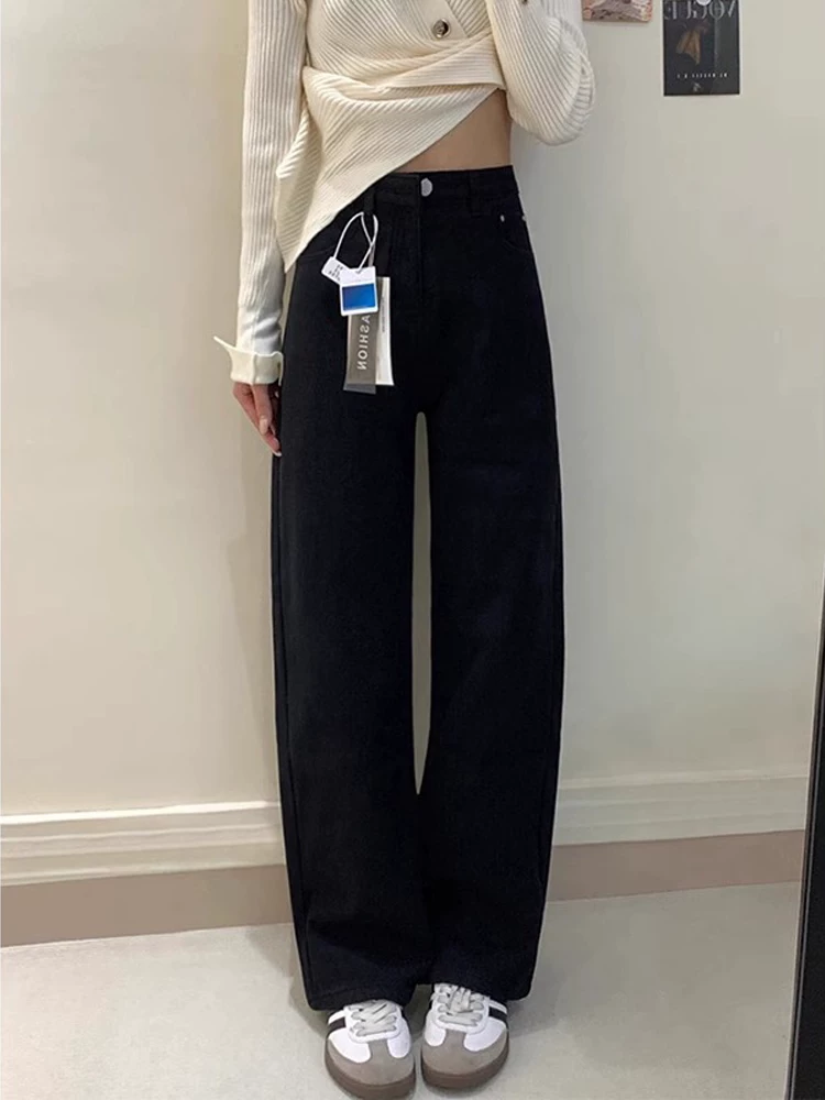 Quần jean ống thẳng dày màu đen lót lông cừu dành cho nữ, kiểu dáng thu đông mới, cạp cao, dáng rộng, che hông, quần ống rộng giúp thon gọn.