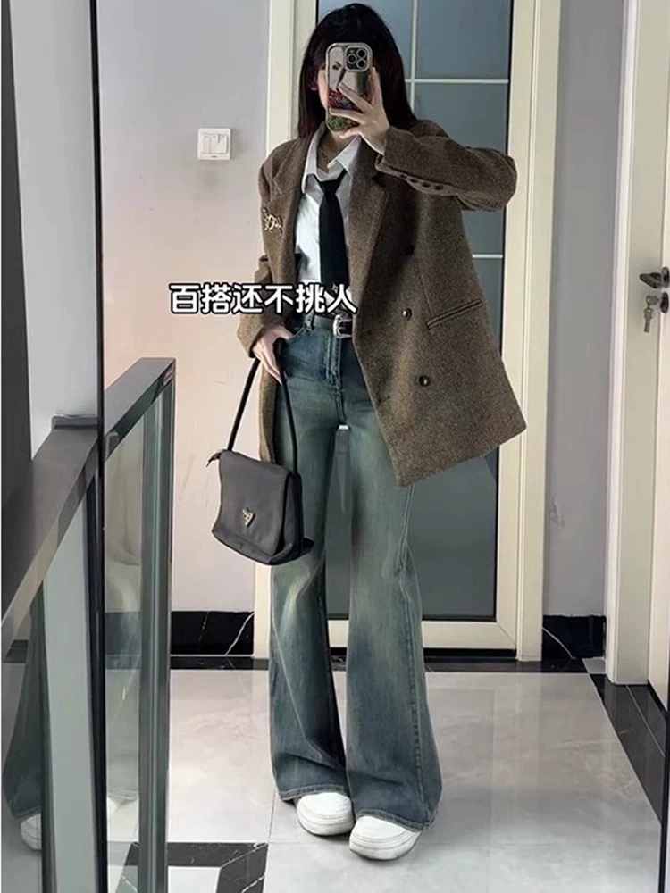 Quần jeans ống loe màu xanh retro dành cho nữ mùa thu đông, lót lông cừu, size lớn, eo cao, tôn dáng, co giãn, dành cho người có dáng quả lê, quần ống chuông