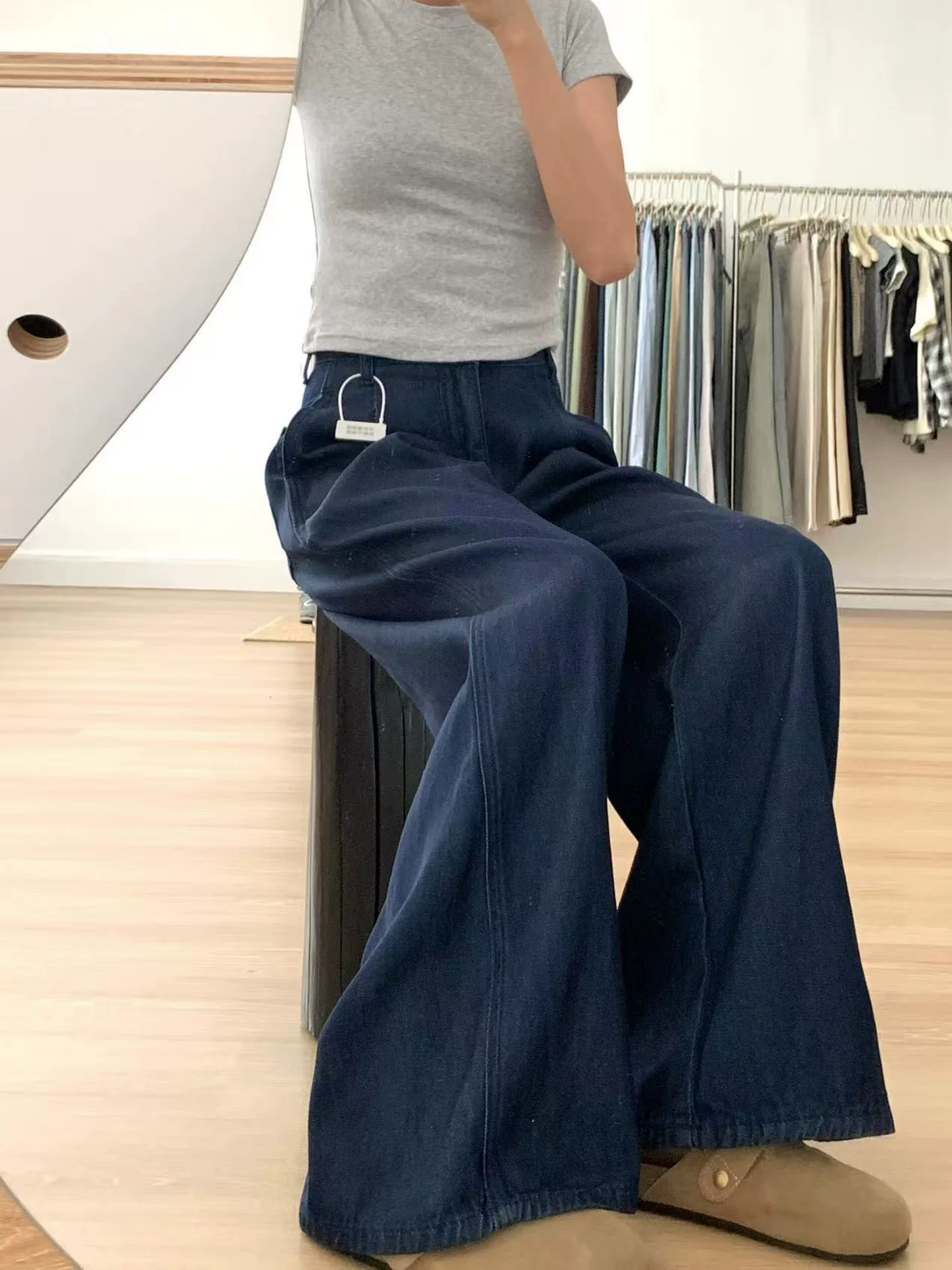 Quần jean ống đứng màu xanh đậm cổ điển dành cho nữ, kiểu dáng mỏng mùa hè, cỡ lớn, lưng cao, dáng suôn, che hông, quần ống rộng giúp thon gọn