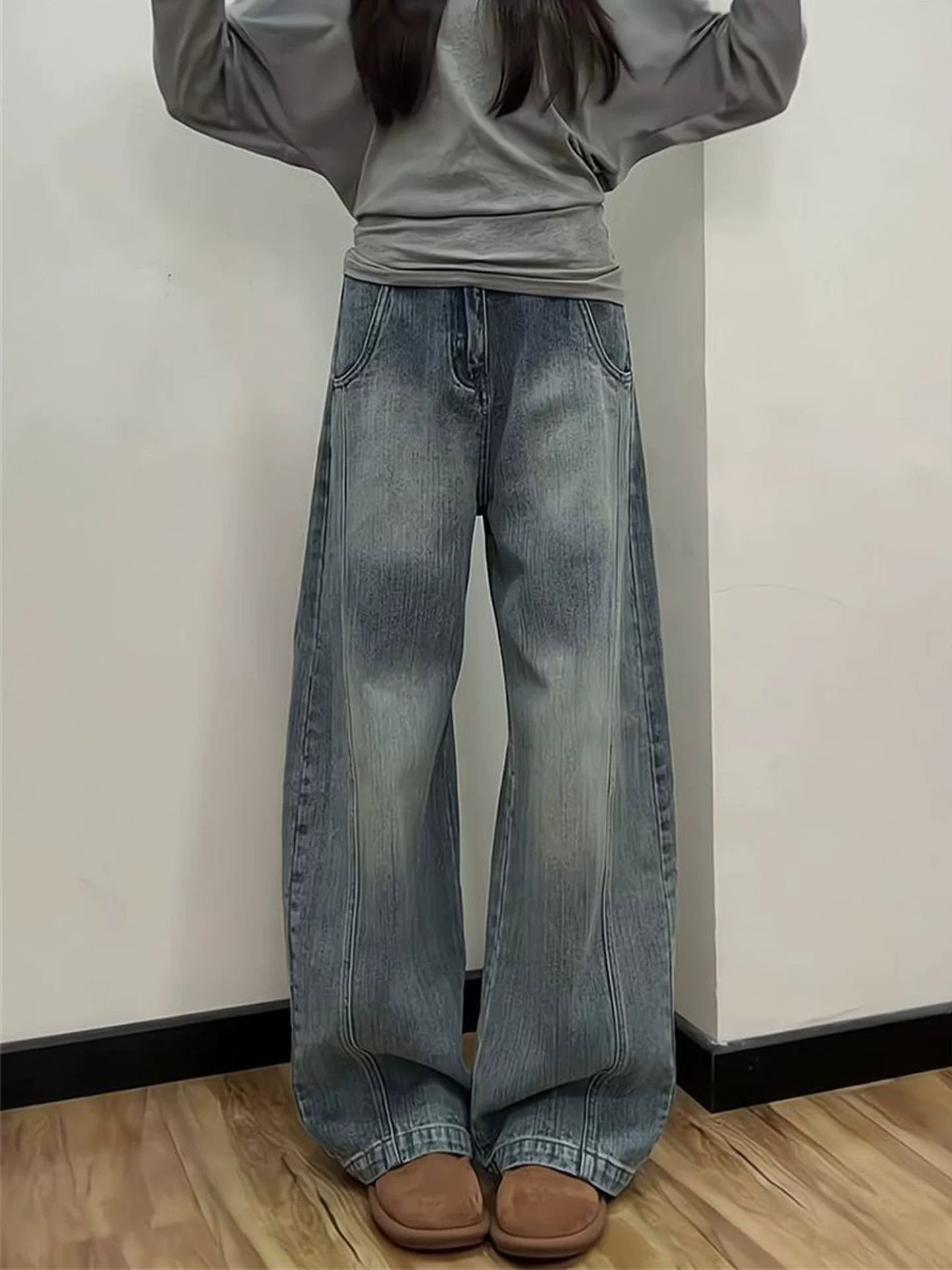 Quần jean ống đứng cổ điển dành cho nữ, phong cách mùa thu mới, cỡ lớn, lưng cao, dáng rộng, thon gọn, nhỏ nhắn, quần ống rộng cong.