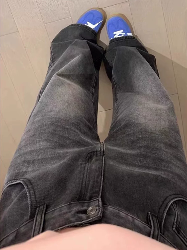 Quần jean ống đứng màu đen và xám dành cho nữ, cỡ lớn, kiểu dáng mới mùa thu, cạp cao, dáng rộng, che hông, tôn dáng, ống rộng, dài chạm sàn.