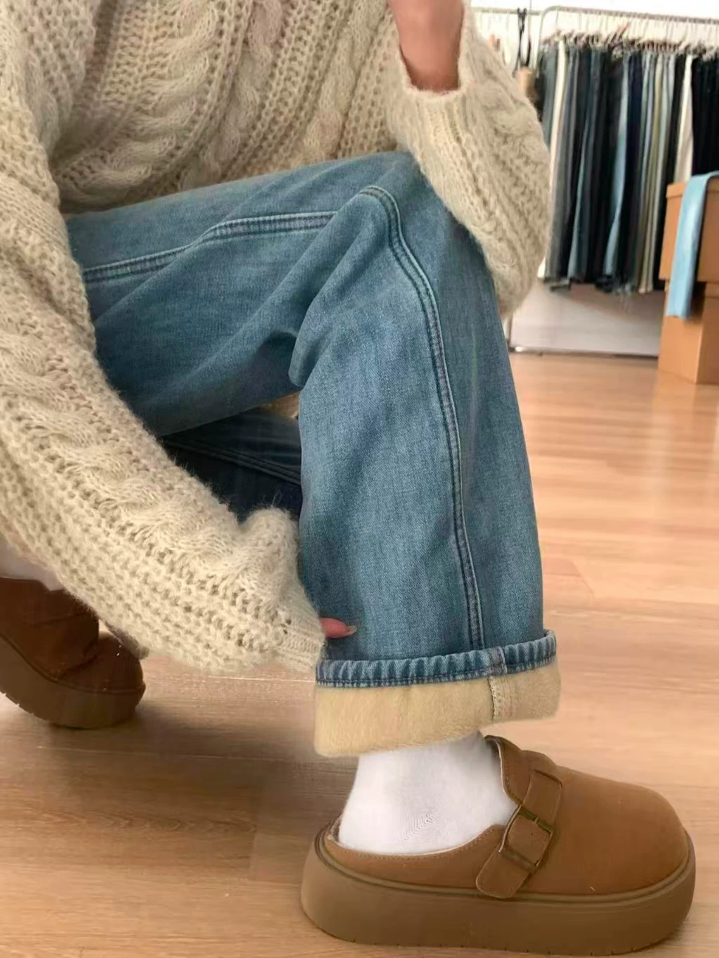 Quần jean ống đứng lưng cao màu xanh lam dành cho nữ, mùa thu đông, cỡ lớn, lót lông cừu, dày dặn, giảm béo, dáng quả lê, quần ống rộng