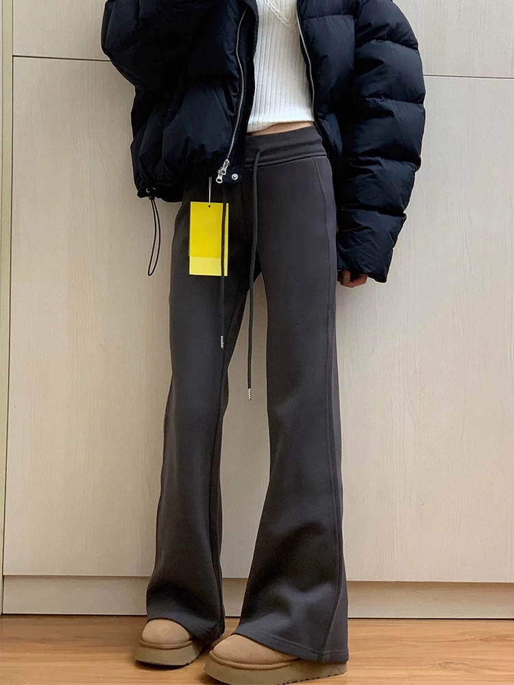 Quần ống loe dành cho nữ, cỡ lớn, mùa thu đông, lót lông cừu, lưng cao, dáng rộng, che hông, giảm béo, quần thể thao thông thường