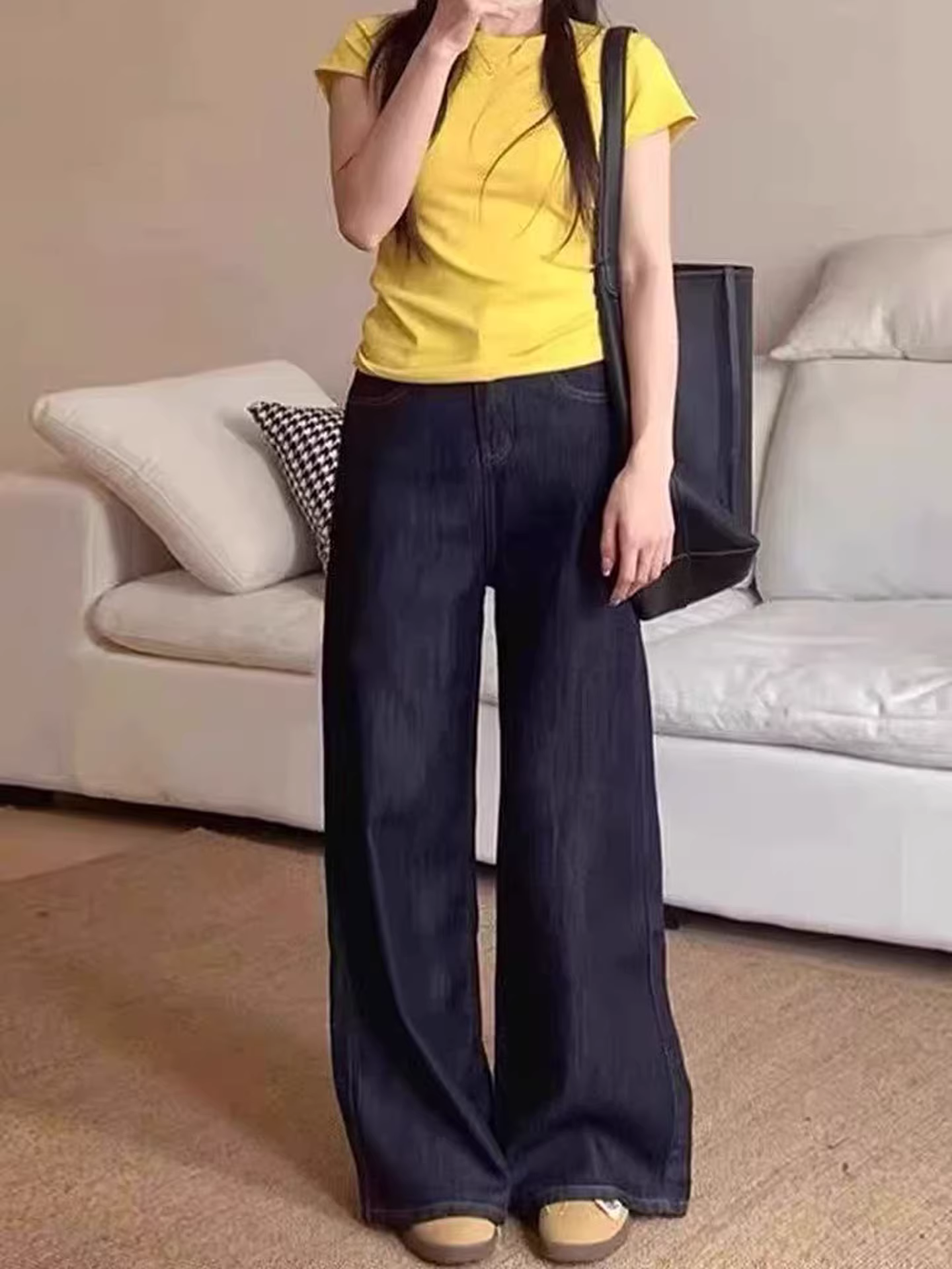 Quần jean ống rộng Tencel màu xanh đậm dành cho nữ, kiểu dáng mỏng mùa hè, cỡ lớn, lưng cao, rộng rãi, mềm mại, tôn dáng, quần dài chạm sàn.