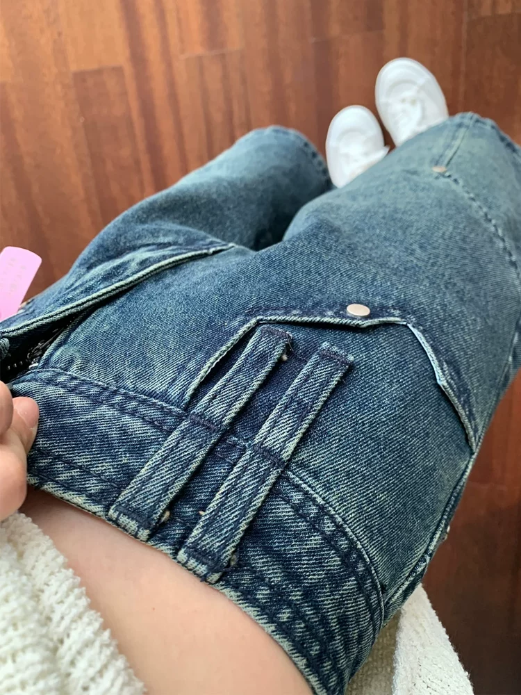 Quần short denim chữ A kiểu Mỹ màu xanh cổ điển dành cho nữ, cỡ lớn mùa hè, cạp cao, giảm béo, ống thẳng, quần short ống rộng dài vừa phải.