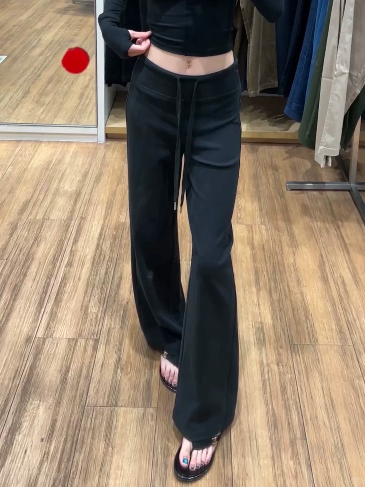 Quần âu lưng cao màu đen lười biếng dành cho nữ, mùa thu đông, cỡ lớn, lót lông cừu, dày, mềm mại, che hông, giảm béo, quần ống rộng