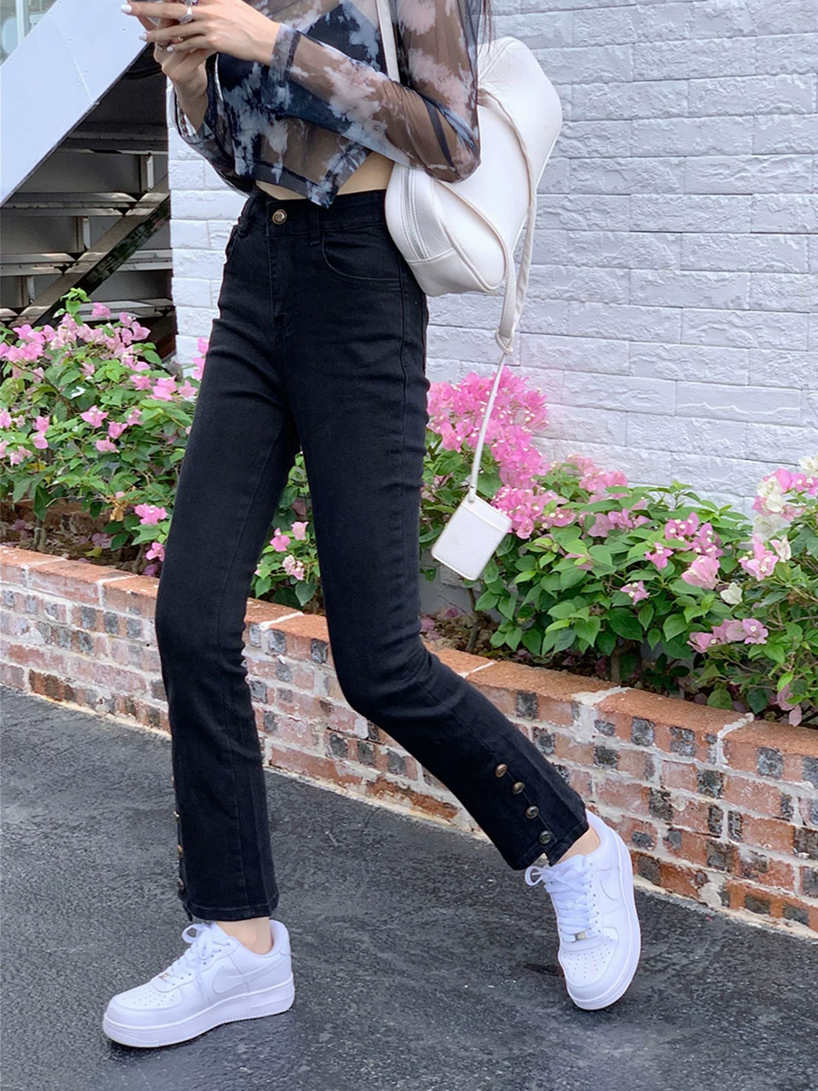 Quần jean dáng chuông xẻ tà dành cho nữ, mùa thu đông, lót lông cừu, size lớn, cạp cao, co giãn, che hông, kiểu dáng quần ống đứng