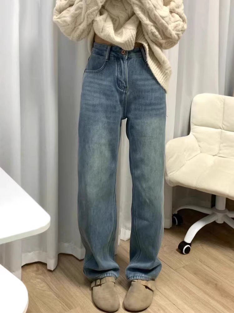 Quần jean ống đứng màu xanh cổ điển dành cho nữ, cỡ lớn, mùa thu đông, lót lông cừu, dày dặn, cạp cao, dáng rộng, tôn dáng, quần ống rộng.