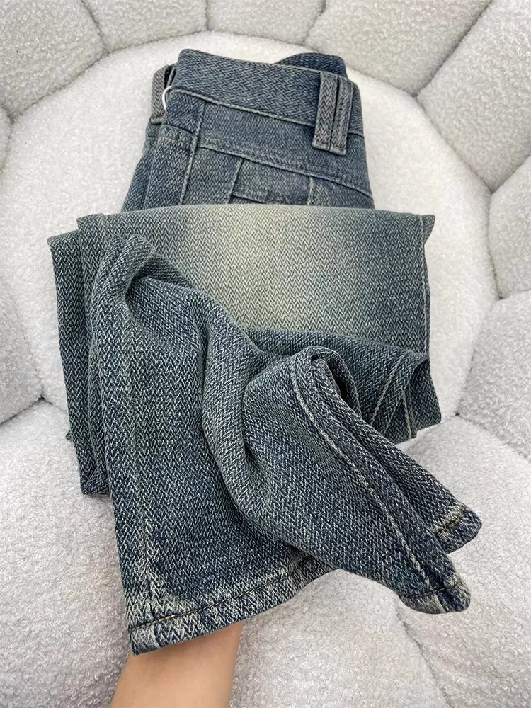 Quần jean ống thẳng họa tiết ngôi sao màu xanh cổ điển dành cho nữ, đầu thu, cỡ lớn, lưng cao, dáng rộng, che hông, giảm béo, quần ống rộng