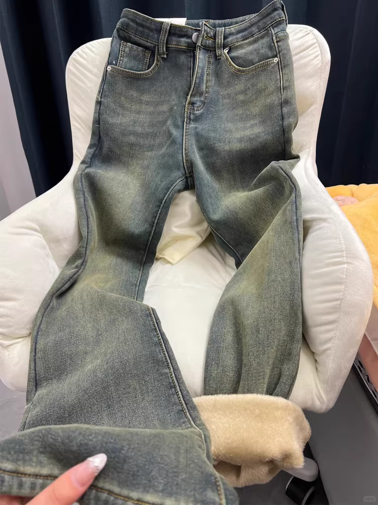 Quần jean ống loe dày lót lông cừu dành cho nữ, mùa thu đông, cỡ lớn, lưng cao, co giãn, che hông, giảm béo, quần ống loe
