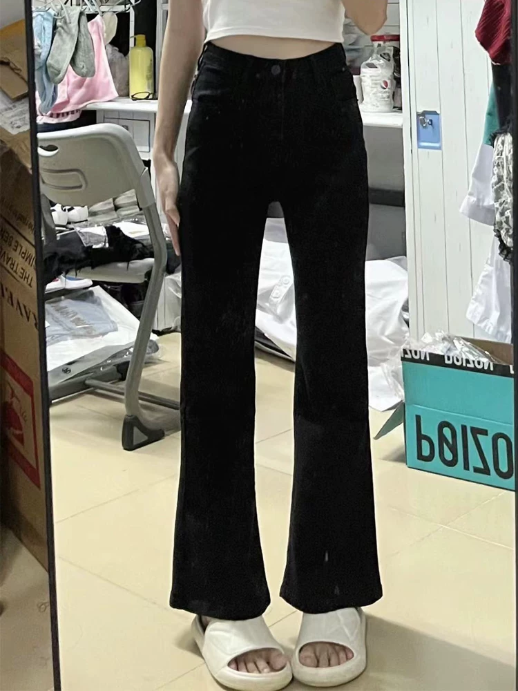 Quần jean ống đứng dáng loe nhỏ nhắn dành cho nữ, kiểu dáng mùa thu mới, cỡ lớn, cạp cao, co giãn, che hông, quần ống chuông tôn dáng.