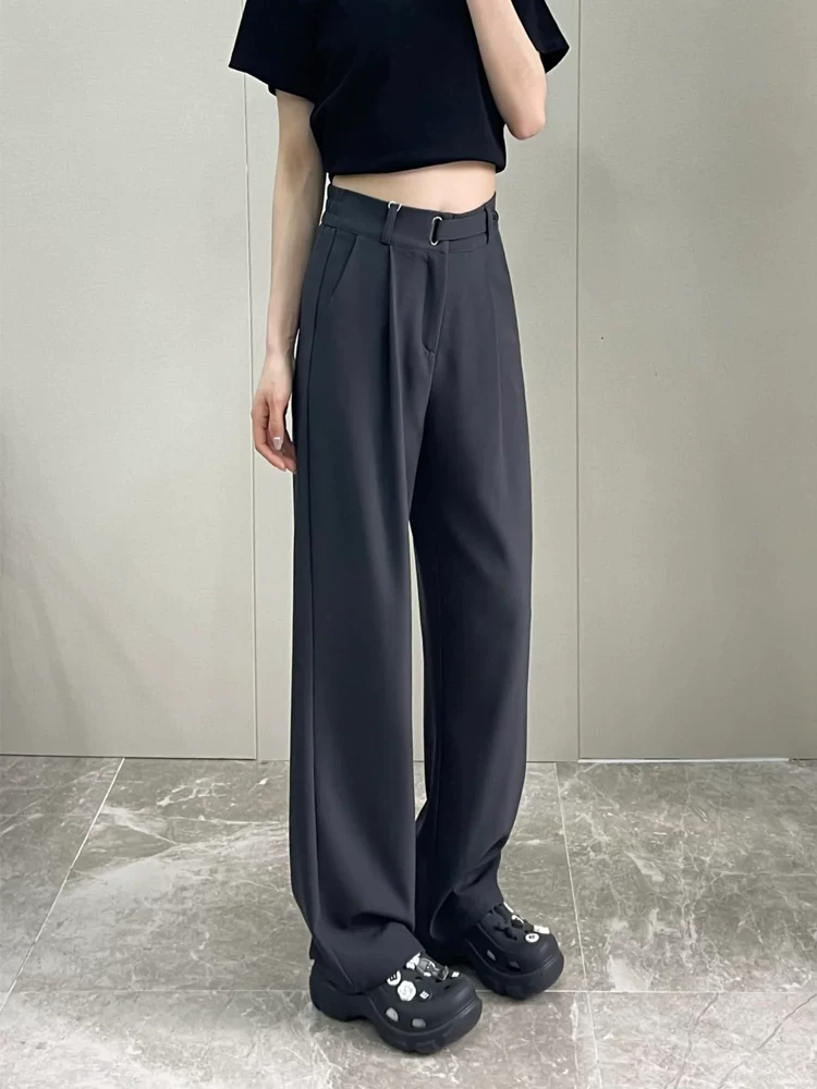 Quần âu màu xám nữ xuân 2025, size lớn, cạp cao, dáng rộng, tôn dáng, dành cho người có thân hình quả lê, phong cách thường ngày