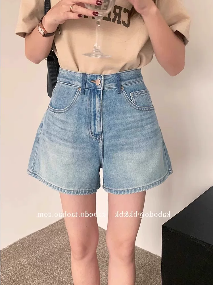 Quần short denim ống rộng màu xanh nhạt dáng quả lê dành cho nữ mùa hè, size lớn, eo cao, dáng rộng, tôn dáng, kiểu chữ A, quần short ngắn