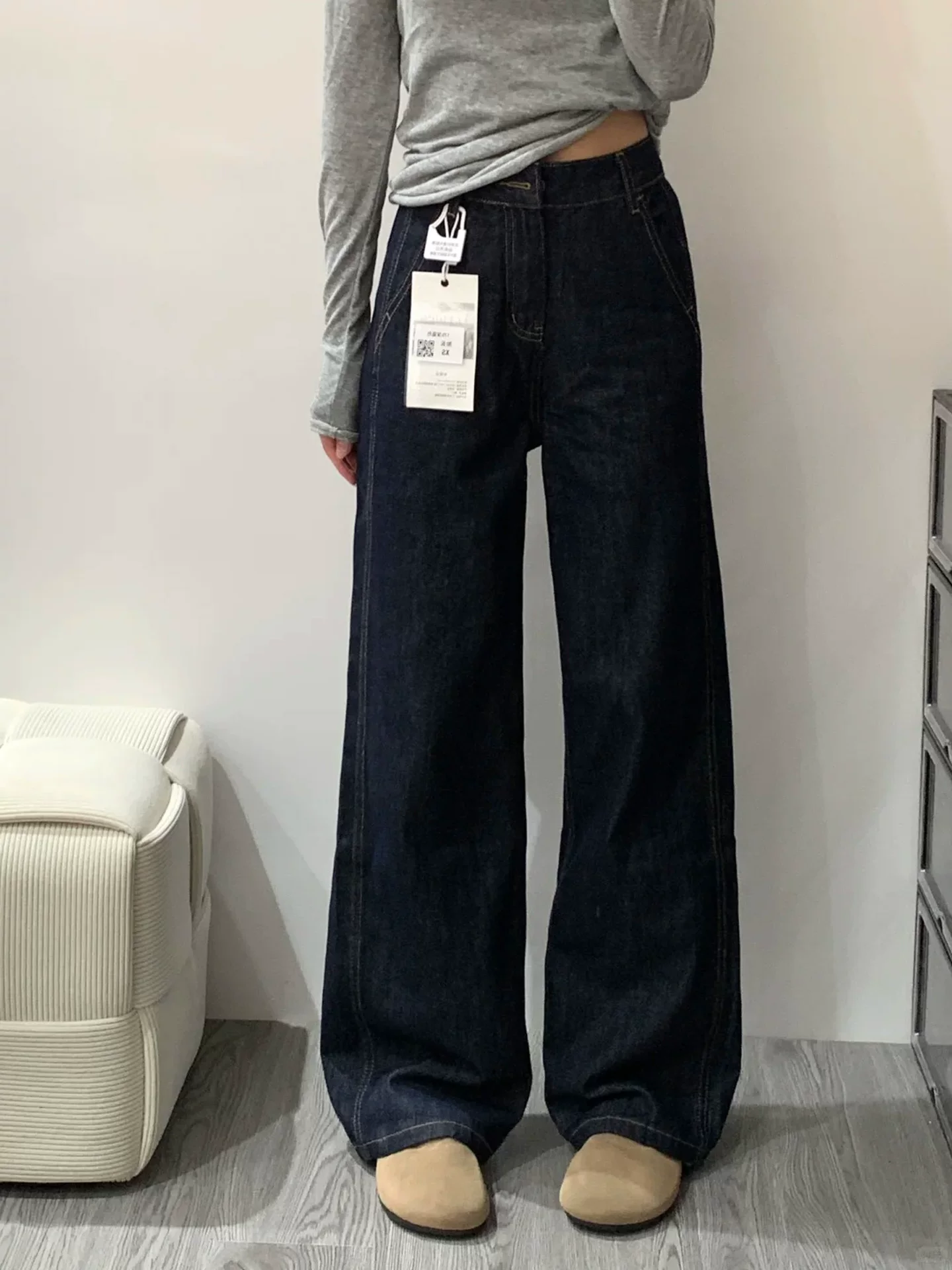 Quần jean ống đứng màu xanh denim dành cho nữ, mùa thu, cỡ lớn, lưng cao, che hông, giảm béo, dáng quả lê, quần ống rộng