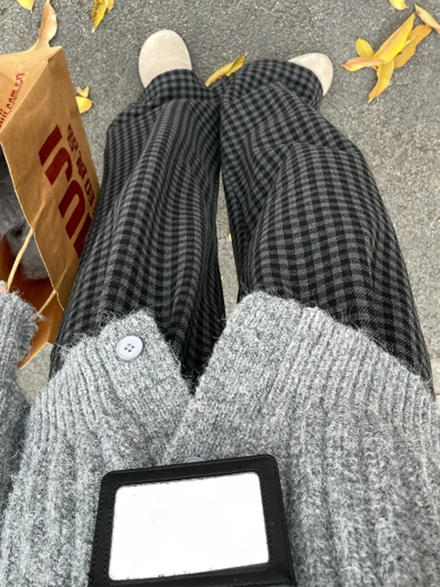 Quần ống rộng bằng len dày có lót lông cừu kẻ sọc màu đen và xám cổ điển dành cho nữ, cỡ lớn mùa đông, cạp cao, dáng suôn, quần thường ngày giúp thon gọn.