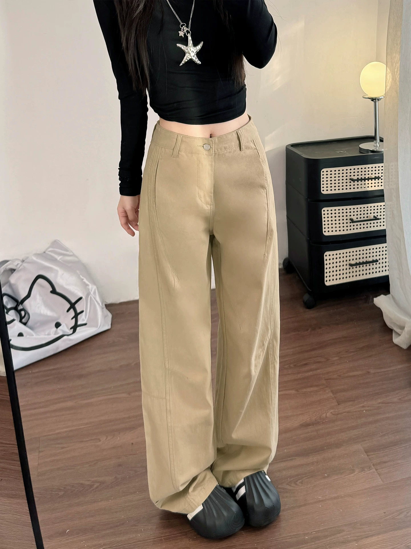 Quần jean ống rộng màu kaki cho nữ, kiểu dáng mùa thu mới, cỡ lớn, lưng cao, dáng rộng, dáng thon gọn, dáng quả lê, quần ống thẳng