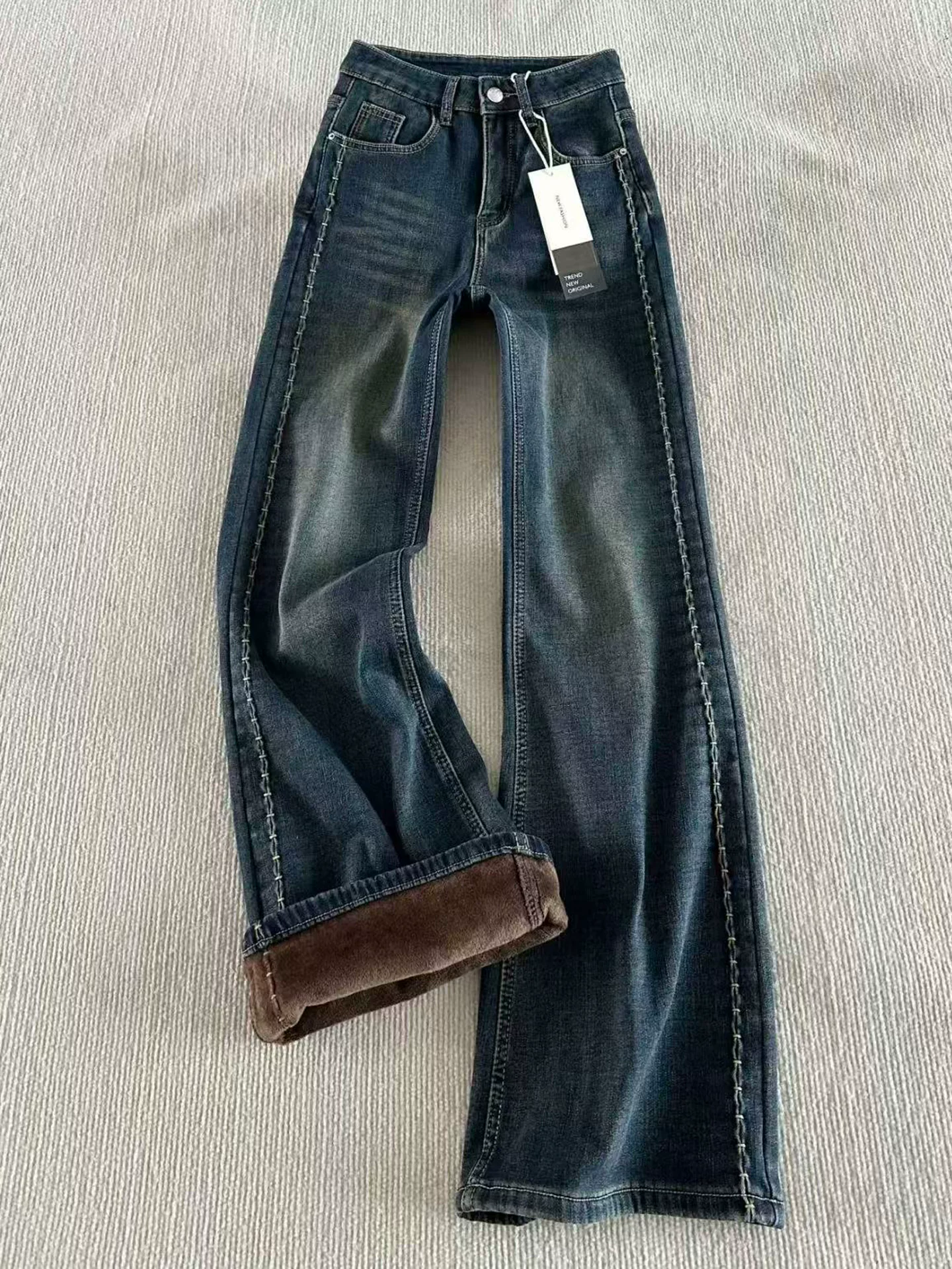 Quần jean dày dặn, không bó sát, lót lông cừu, phong cách retro Mỹ dành cho nữ, mùa đông, cỡ lớn, lưng cao, dáng rộng, tôn dáng, quần ống rộng.
