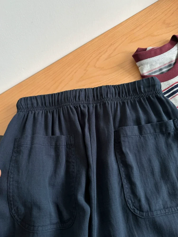 Quần vải lanh Tencel màu xanh hải quân dành cho nữ, kiểu dáng mỏng mùa hè, cỡ lớn, lưng cao, dáng rộng, quần ống rộng bằng vải lụa băng giúp thon gọn.