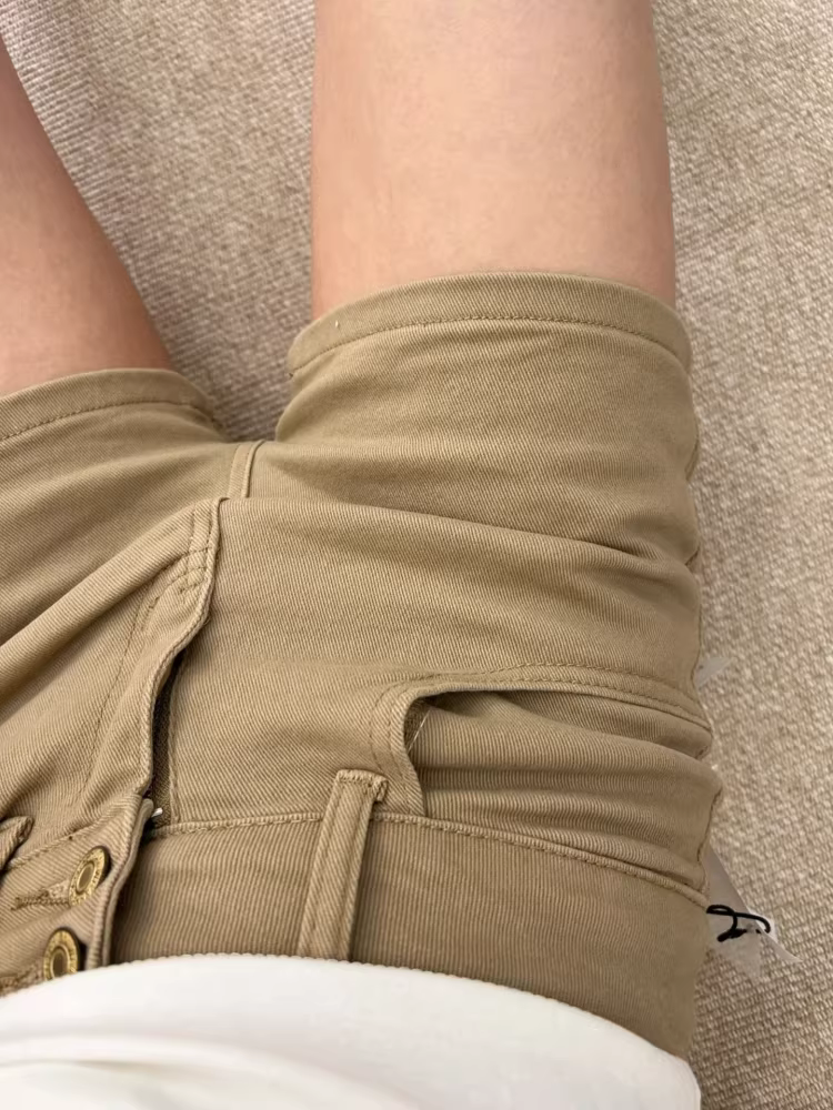 Quần short denim kaki nữ, kiểu mới hè 2025, size lớn, cạp cao, co giãn, che hông, dáng chữ A tôn dáng.