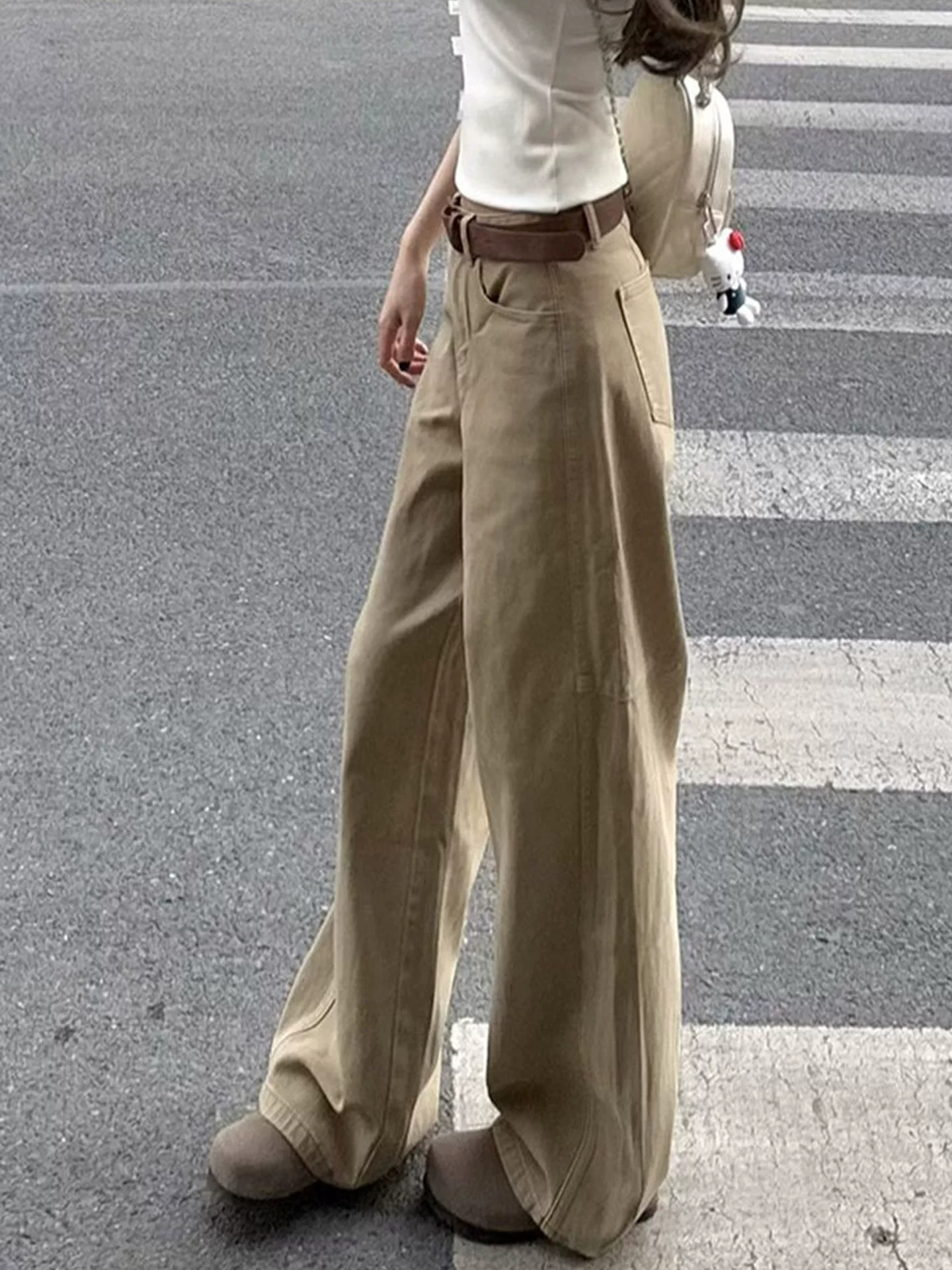 Quần jean kaki ống thẳng cho nữ, kiểu dáng mùa thu mới, cỡ lớn, lưng cao, che hông, giảm béo, dáng quả lê, quần ống rộng