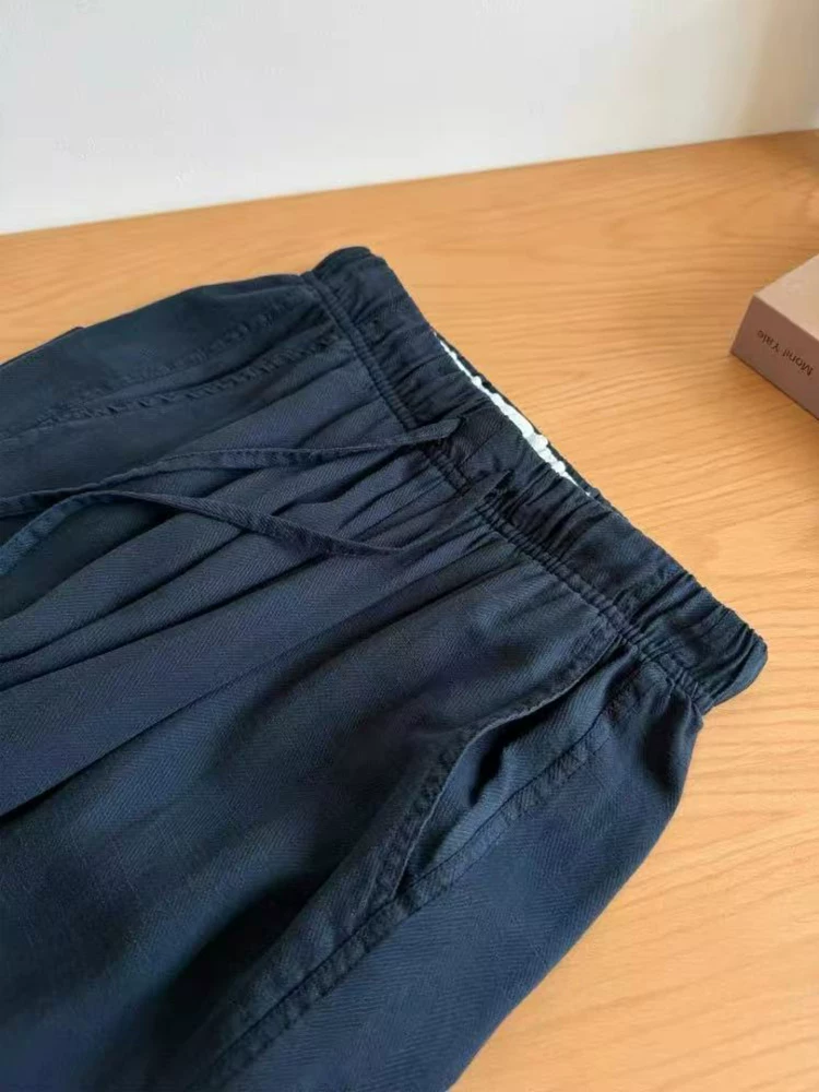 Quần vải lanh Tencel màu xanh hải quân dành cho nữ, kiểu dáng mỏng mùa hè, cỡ lớn, lưng cao, che hông, giảm béo, quần ống rộng bằng vải lụa băng.