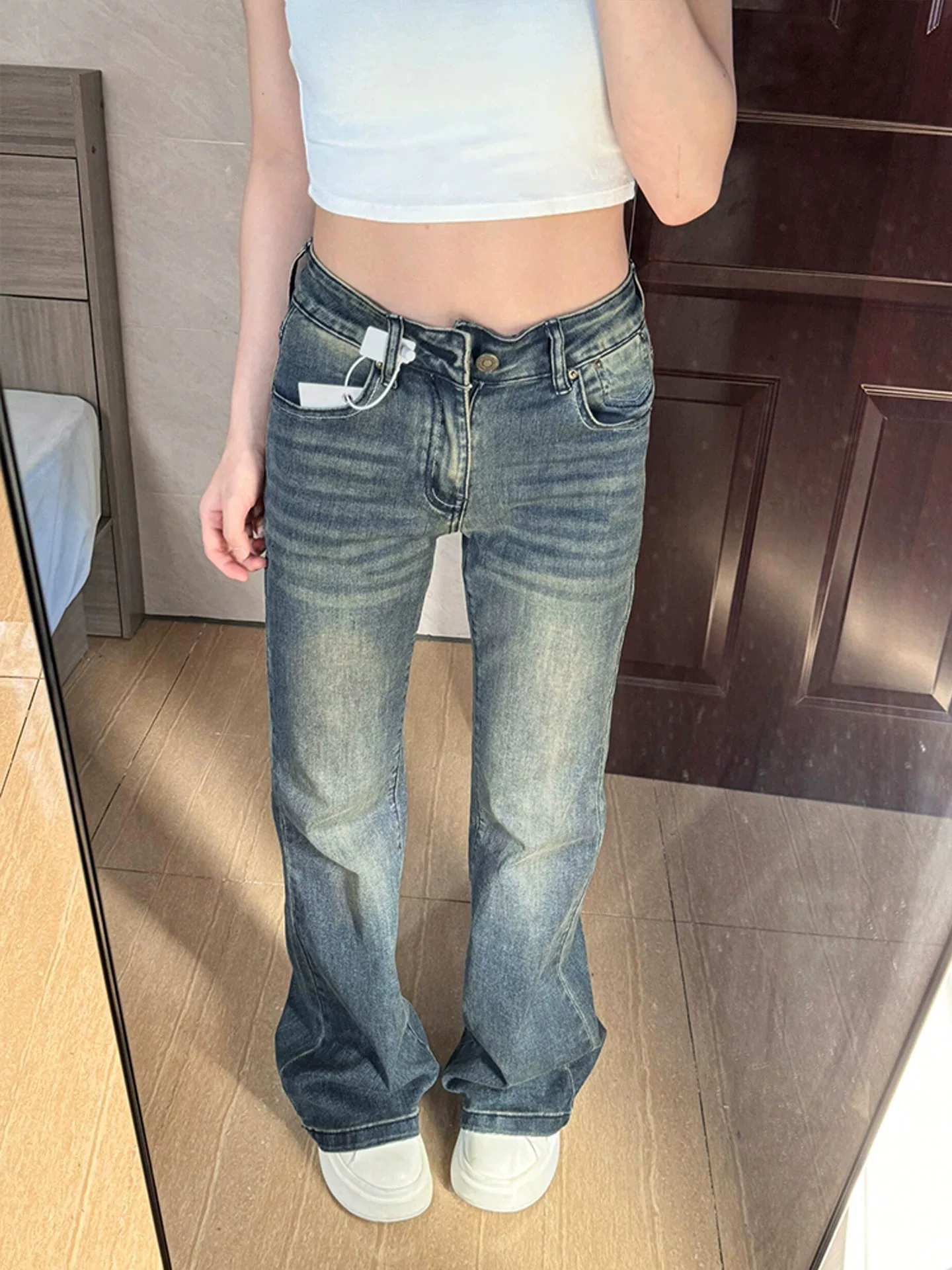 Quần jean bootcut cổ điển dành cho nữ, phong cách đầu thu, cỡ lớn, lưng cao, co giãn, giảm béo, dáng quả lê, quần ống loe hình móng ngựa