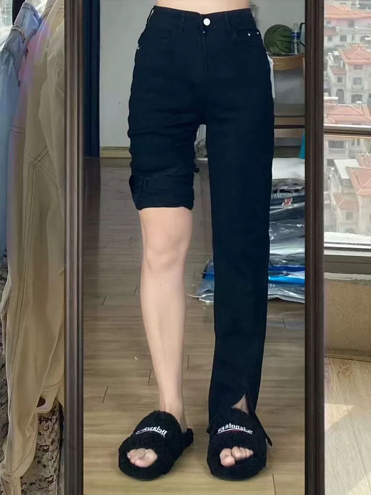 Quần jean co giãn đa năng màu đen hình quả lê dành cho nữ phong cách đầu thu cỡ lớn quần ống rộng thẳng có đường xẻ eo cao giúp giảm béo