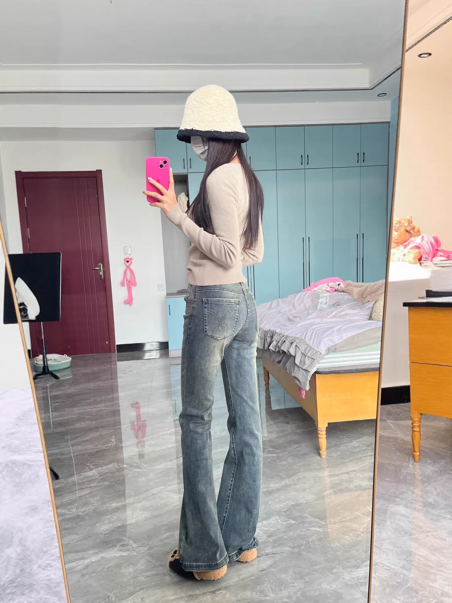 Quần jean xanh vintage dáng loe dành cho nữ có thân hình hình quả lê, size lớn mùa thu, cạp cao, co giãn, che hông, quần ống loe tôn dáng