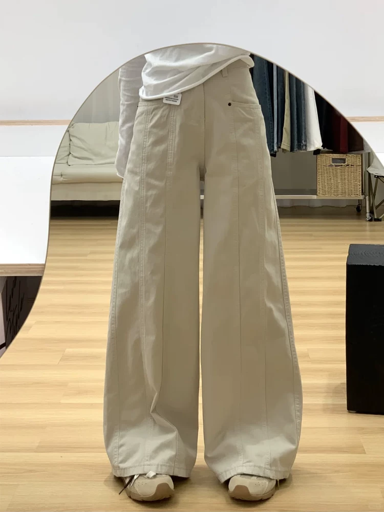 Quần jeans kiểu Mỹ cổ điển dành cho nữ xuân 2025, size lớn, cạp cao, dáng rộng, tôn dáng, ống thẳng, ống rộng