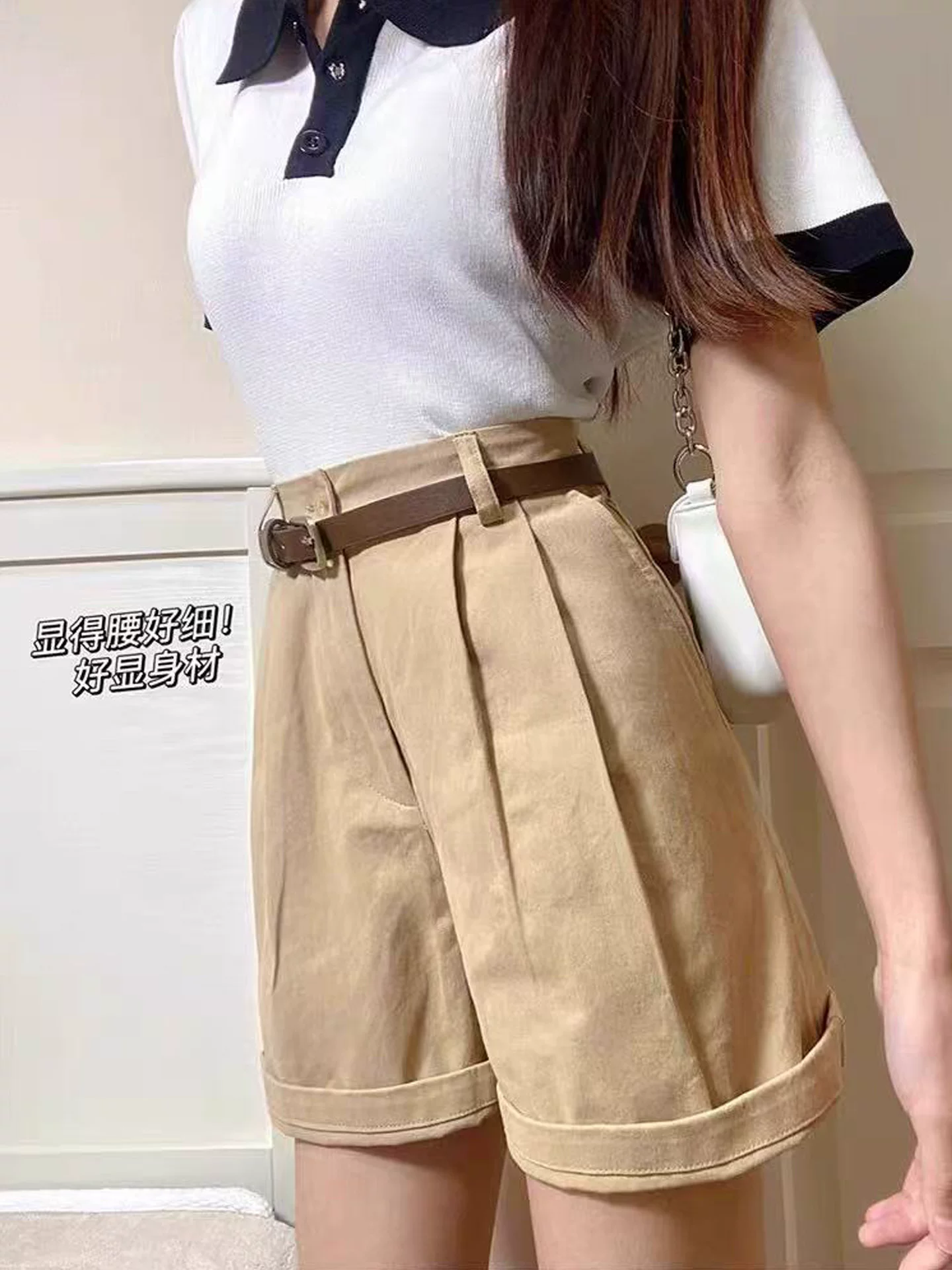 Quần short kaki thường ngày dành cho nữ, cỡ lớn mùa hè, lưng cao, dáng rộng, tôn dáng, nhỏ nhắn, quần ống rộng thẳng.