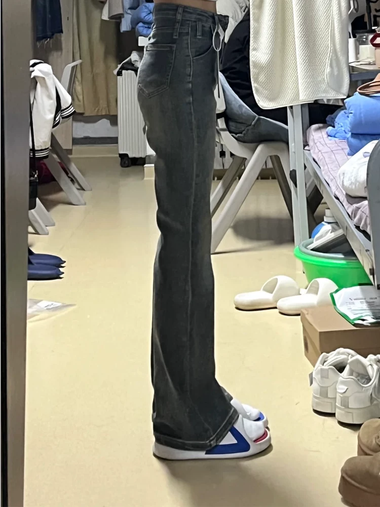 Quần jean xanh vintage dáng loe dành cho nữ, mùa thu, size lớn, cạp cao, co giãn, che hông, tôn dáng, dành cho người có thân hình quả lê, quần ống loe